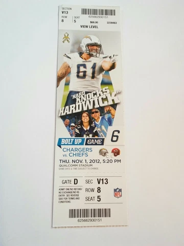 2012 San Diego Chargers Kansas City Chiefs NFL Football Full Ticket Stub Cover