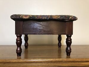 Vintage French Wood Stool Sewing Box Storage Chair Cushioned Fabric Top