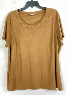 Chicos Womens Blouse Short Sleeve Belted Collar Brown Leather Look Size 4        - Image 1 of 4
