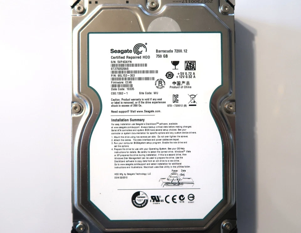 Seagate ST3750528AS 9SL153-303 CC46 (5VP) China WU 750gb 3.5" Sata HDD 02/2010 - Image 1 of 1