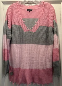 Simply Southern Collection L Sweater Pink Color Block Gray V-neck Distressed VGC - Bild 1 von 10