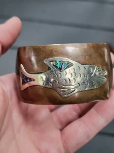 Vintage Wide Copper Brass & Silver Abalone Inlay Fish Cuff  Bracelet Estate - Picture 1 of 9