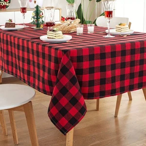 Plaid Fabric Tablecloth Red Black White Rectangle Table-Cloth Holiday Decoration - Picture 1 of 9
