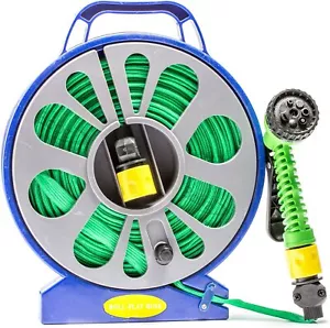 50FT Garden Hose Reel & Pipe Outdoor with Spray Nozzle Gun Plants Watering Flat - Picture 1 of 5