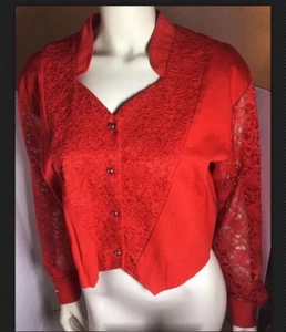 1990’s Banjo Women's Western Cowgirl Top Size Large Red Lace Long Sleeve - Picture 1 of 10