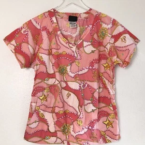 Baby Phat Womens Scrub Top (Approx Size Small) Pink Jewels Chains Charms Print - Picture 1 of 5
