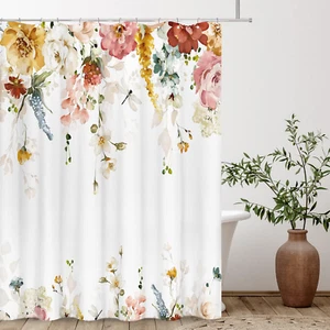 Aesthetic Blooming Floral Shower Curtain Sets, Watercolor Yellow Red Flowers Whi - Picture 1 of 12