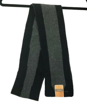 FOSSIL Men’s Wool Blend Hayden Stripe Rectangular Scarf- Black/Grey- NWT - Image 1 of 4