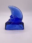 Vtg Cobalt Blue Glass Cresent Half Moon Votive Tealight Candle Holder