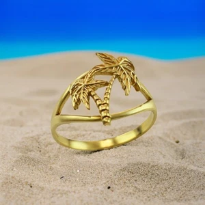 Elegant Gold Double Palm Tree Ring for Women | Tropical Beach Jewelry - Picture 1 of 10
