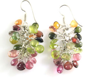 Beautiful Multi Color Tourmaline Almond Pear Shape Briolette Beads Earrings 925