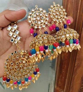 Set Orecchini Lampadario Perla Placcato Oro Indiano Cerchio Grande Jhumka Pakistano Tikka - Foto 1 di 20