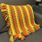 VTG 70s Retro Crochet Afghan Throw Blanket Knit 78”x48” Zigzag Yellow Green