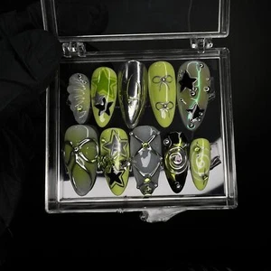 Free Style Green & Silver 3D Gel Handmade Press On Nails, Custom Made False - Picture 1 of 7