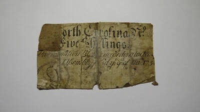 1754 Five Shillings North Carolina NC Colonial Currency Bank Note Bill! 5s RARE - Image 1 of 2