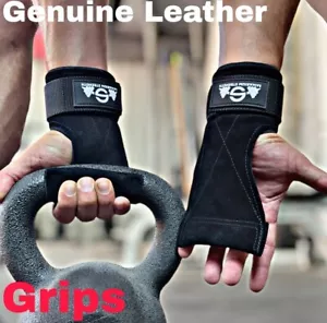 Leather Workout Gloves Power Weightlifting Straps Wraps Grips Dead Lifts Pull Up - Picture 1 of 10