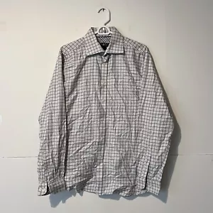 Pronto Uomo Mens Shirt Size L White Check Saw Tooth Blue Oxford Crewneck EUC - Picture 1 of 7