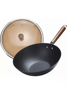 Iron Wok 12.6 inches,Wooden Handle Chinese Iron Pot Carbon Steel Wok - Picture 1 of 9