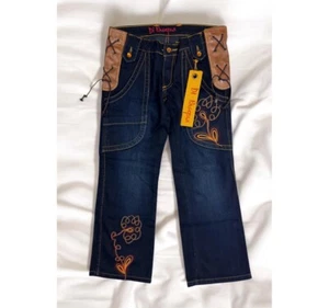Y2K Lace Up Crop Jeans Capris Western Cowgirl Flowers Festival Embroidered US 28 - Picture 1 of 10