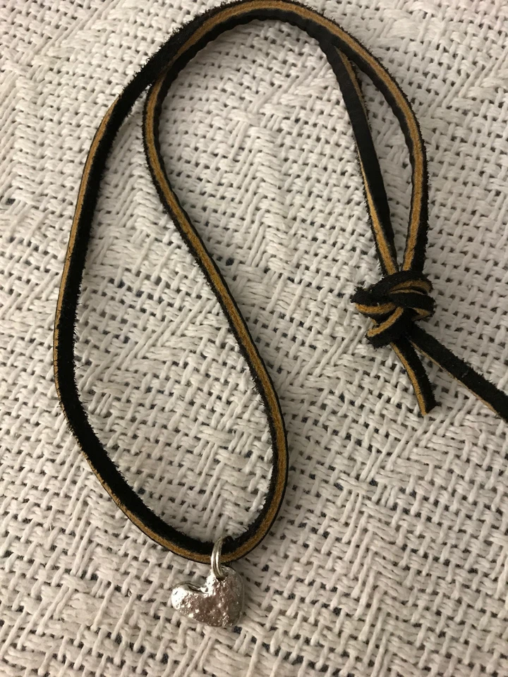 sundance catalog pewter heart charm on leather strap necklace - Image 1 of 1