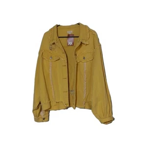 POL Women's Jean Jacket Yellow Denim Metal Buttons Lace Distressed Oversized M - Picture 1 of 6