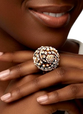 Elegante Anillo Grande Elegante Blanco Imitación Perla Cúpula Cristal Transparente Elástico Talla 9 Foto 1 de 3