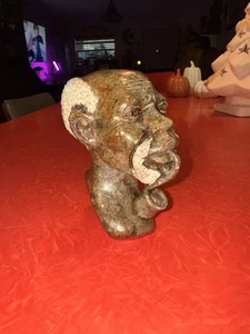 Rare Hand-Carved African Shona Stone Bust Sculpture Tribal Elder Smoking Pipe - Picture 1 of 16