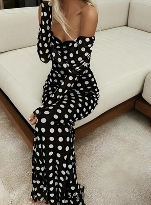 Commense Off Shoulder Maxi Dress Womens Large Black White Polka Dot Long Sleeve - Image 1 of 4