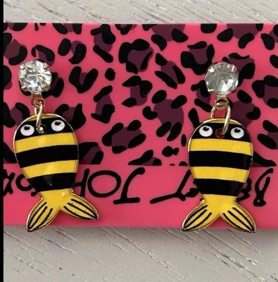 Betsey Johnson Yellow Black Striped Enamel Rhinestone Crystal Fish Earrings NWT - Image 1 of 4