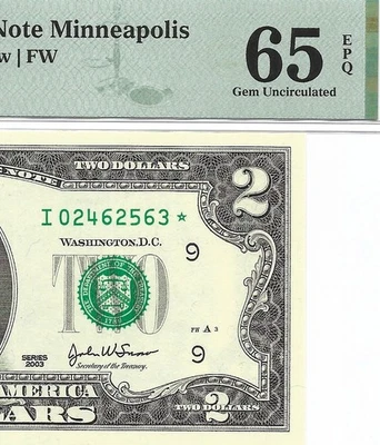 2003 $2 MINNEAPOLIS * STAR * ⭐️ FRN. PMG Gem Uncirculated 65 EPQ Banknote. - Image 1 of 3