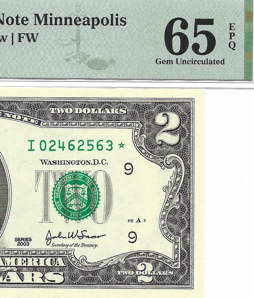 2003 $2 MINNEAPOLIS * STAR * ⭐️ FRN. PMG Gem Uncirculated 65 EPQ Banknote. - Image 1 of 3