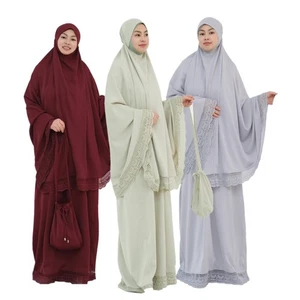 Women 4PCS Eid Prayer Garment Muslim Women Hijab Dress Sets Lace Abaya Kaftan - Bild 1 von 39