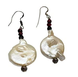 Sterling Silver Baroque Pearl Earrings with Garnet Beads – Artisan Style - Picture 1 of 4