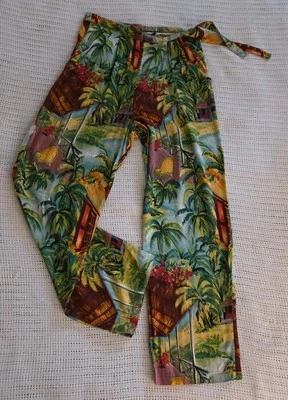 Ruff Hewn Tropical Palazzo Pants-Womens Size SM-Button Tie Side-100% Rayon-Vacay - Image 1 of 4