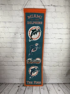 MIAMI DOLPHINS NFL THE FINS BANNER EMBROIDERED WOOL 8"X32" W/ HANGING ROPE - Picture 1 of 10