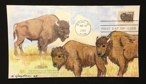 American Wildlife, Bison 1981 FDC, Kate Hayden cachet/Snow Leopard+Fleetwood - Picture 1 of 2