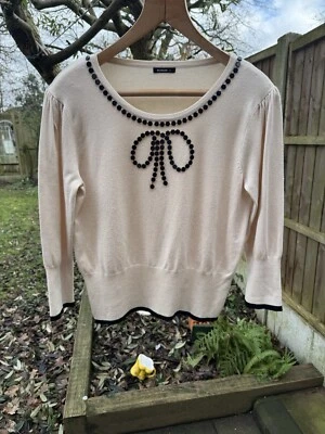 ROMAN UK 16 EU 44  Soft Knit Jumper Top Pullover Beige Beaded Bow Stretchy - Imagem 1 de 4