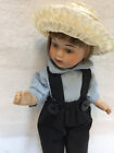 Amish Porcelain Hinged Vintage Doll   Overalls Straw Hat Black Boots