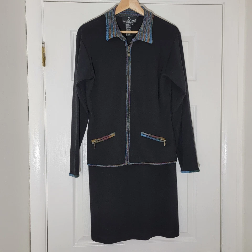 Conjunto de Vestido Chaqueta Tejida Mezcla Lana Pequeña Carole De Colección Negro Con Borde Multicolor M Foto 1 de 4