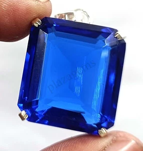 82.70 CT EMERALD Cut Blue Sapphire EGL Pendant 925 Free Silver Chain 5ATZ - Picture 1 of 7