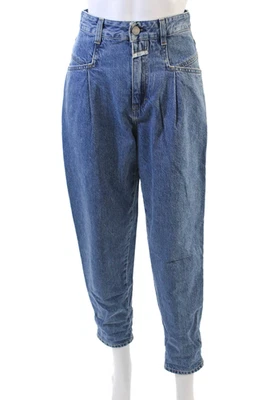 Pantalones de mezclilla cerrados para mujer de tiro alto plisados delanteros perlados azul algodón talla 23 Foto 1 de 4