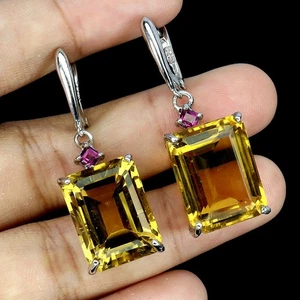 925 Sterling Silver Earrings Octagon Citrine 34ct Rhodolite Handmade Gemstone Nr - Picture 1 of 13