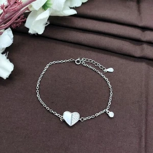925 Sterling Silver Handmade White Heart Tennis Bracelet with CZ Stone Charm - Picture 1 of 5