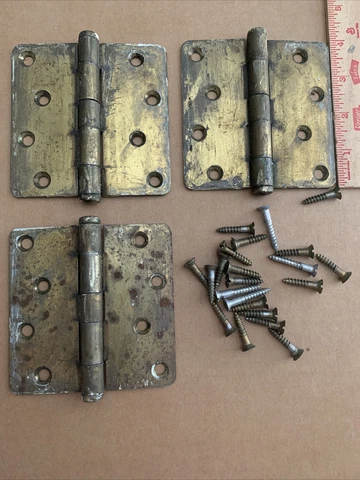 3 Three Vintage Antique Old Brass 4 inch hinges with screws Cover
