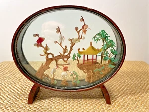 Cina Diorama scultura sughero UCCELLINI/GRU pagoda lacca colorata supporto rotondo - Foto 1 di 14