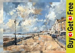 Seaside Promenade Walk 5"x7" Print on Matte Paper | Coastal Town Oil Painting - Picture 1 of 17