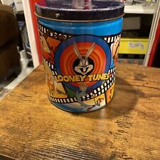 Vintage 1997 Looney Tunes METAL Tin LIDED Canister Cylinder Round 6" X 5" DIAM