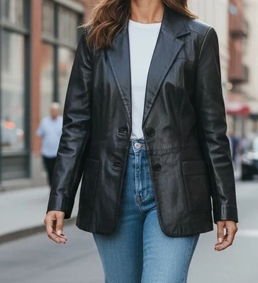 Chaqueta de cuero Newport News para mujer 12 negra de un solo pecho con bolsillos forrados Foto 1 de 4