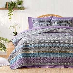 3 Pieces Colorful Bohemian Quilt Set King Size, Purple n Grey Boho Striped Pr... - Picture 1 of 5