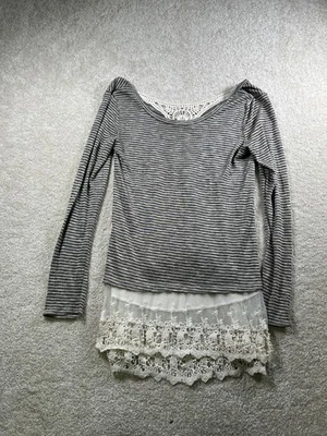 Suéter Jolt Para Mujer Pequeño Gris Rayas Manga Larga Encaje Borde Crochet Boho Top Foto 1 de 4